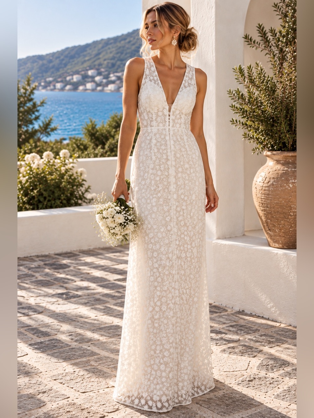 Minuet White Floral Sequin Open Back Bridal Maxi Dress M